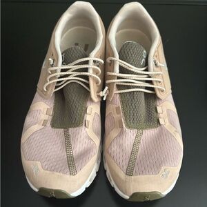 On Running Pink and Green Athletic Shoes with Cushioned Sole